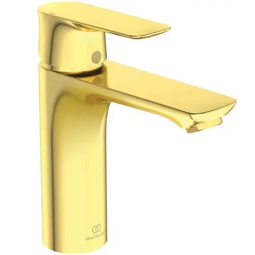 Waschbeckenarmatur in glänzendem Gold mit einem flachen Hebel zur Temperaturregulierung und einem Auslauf von 125 mm, Marke Ideal Standard.
